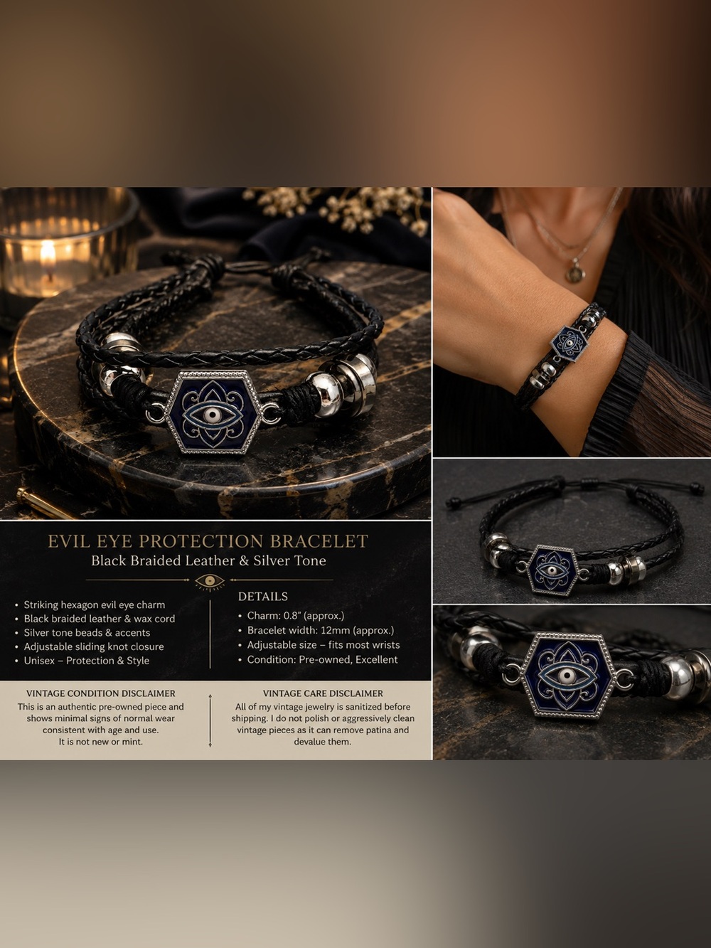 Black Braided Leather Protection Bracelet with Silver Tone Eye Charm